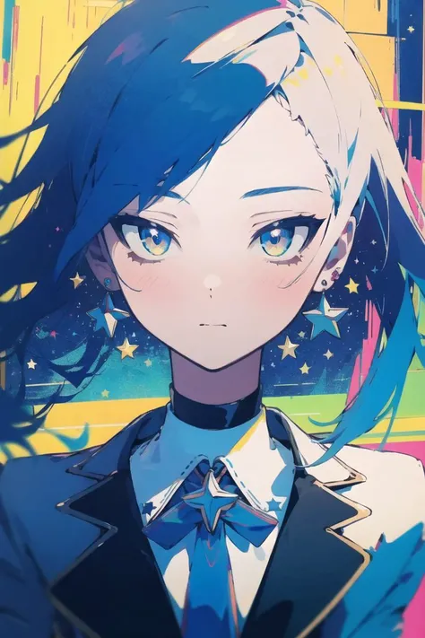 best quality, 4K wallpaper, masterpiece, extremely detailed CG unity 8k wallpaper, extremely detailed eyes, ultra-detailed, intricate details, 1girl, <lora:Moona:0.8>, Mona, star earrings, blue star neck ribbon, multicolored hair, light violet, blue half yellowless eyes, neon_pop art style, retro art style, <lora:duoartstyle:0.8>, public, outdoors, road sign, city, <lora:more_details:-0.5>