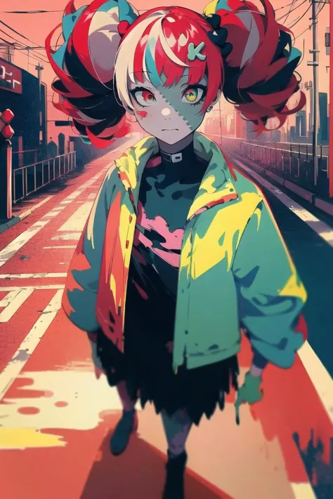 best quality, 4K wallpaper, masterpiece, extremely detailed CG unity 8k wallpaper, extremely detailed eyes, ultra-detailed, intricate details, 1girl, <lora:Ollie:0.8>, Ollie, multicolored hair, multicolored eyes, zombie_skin, twintails, neon_pop art style, retro art style, <lora:duoartstyle:0.8>, public, outdoors, road sign, city,