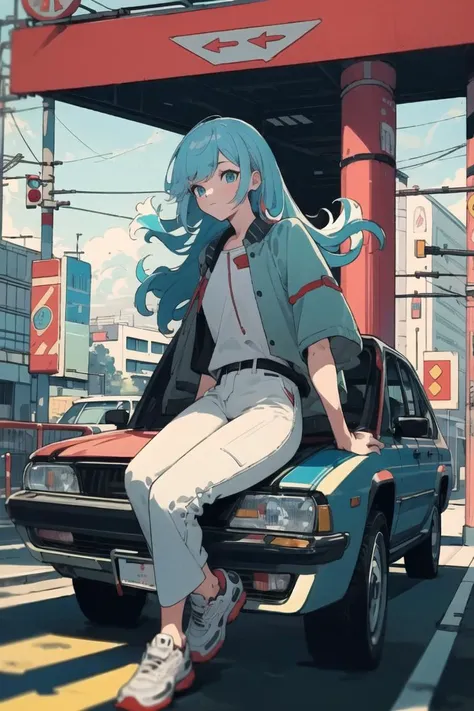 best quality, 4K wallpaper, masterpiece, extremely detailed CG unity 8k wallpaper, extremely detailed eyes, ultra-detailed, intricate details, 1girl, <lora:KoboHolo:0.8>, Kobo, Multicolored hair, long hair, Aqua eyes, Jacket, white pants, character art style, retro art style, <lora:duoartstyle:0.8>, public, outdoors, sitting, car, road sign, city,