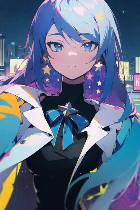 best quality, 4K wallpaper, masterpiece, extremely detailed CG unity 8k wallpaper, extremely detailed eyes, ultra-detailed, intricate details, 1girl,  <lora:Moona:0.8>, Mona, star earrings, blue star neck ribbon, multicolored hair, light violet,  blue half yellowless eyes, neon_pop art style, retro art style,  <lora:duoartstyle:0.8>, public, outdoors, road sign, city,   <lora:more_details:-0.5>