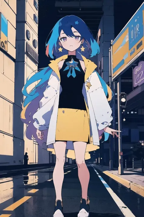 best quality, 4K wallpaper, masterpiece, extremely detailed CG unity 8k wallpaper, extremely detailed eyes, ultra-detailed, intricate details, 1girl, <lora:Moona:0.8>, Mona, star earrings, blue star neck ribbon, multicolored hair, light violet, blue half yellowless eyes, character art style, retro art style, <lora:duoartstyle:0.8>, public, outdoors, road sign, city, full body, <lora:more_details:-1>
