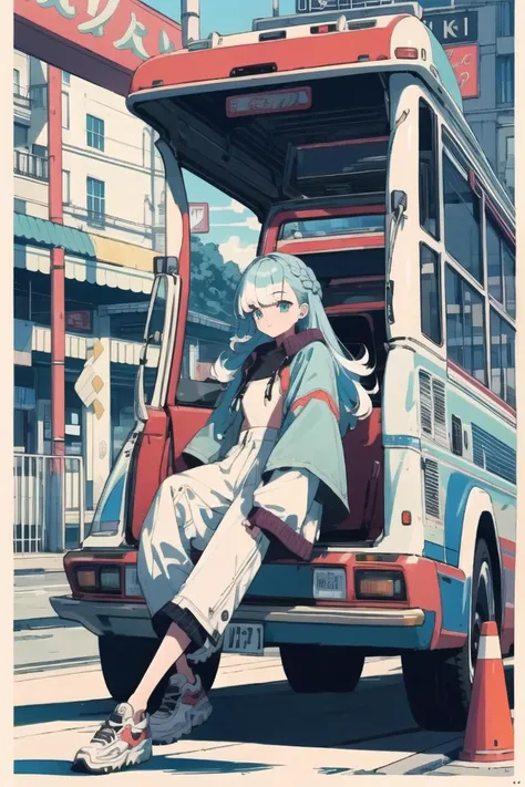 best quality, 4K wallpaper, masterpiece, extremely detailed CG unity 8k wallpaper, extremely detailed eyes, ultra-detailed, intricate details, 1girl, <lora:KoboHolo:0.8>, Kobo, Multicolored hair, long hair, Aqua eyes, Jacket, white pants, character art style, retro art style, <lora:duoartstyle:0.8>, public, outdoors, sitting, car, road sign, city,