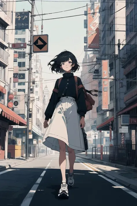 best quality, 4K wallpaper, masterpiece, extremely detailed CG unity 8k wallpaper, extremely detailed eyes, ultra-detailed, intricate details, 1girl, retro art style, retro art style,  <lora:duoartstyle:0.8>, public, outdoors, road sign, city,