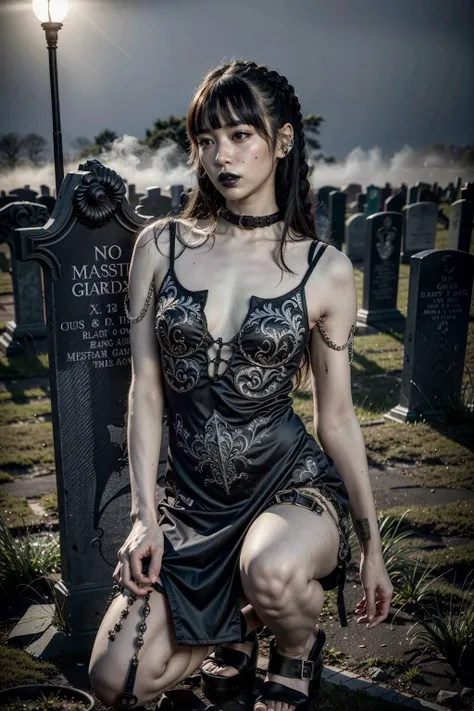 (realistic:1.3), finely detailed, quality, rembrandt lighting, (masterpiece:1.2), (photorealistic:1.2), (best quality), (detailed skin:1.3), (intricate details), dramatic, ray tracing, 1girl, japanese girl, 21 years old, detailed skin texture, (blush:0.5), (goosebumps:0.5), subsurface scattering, expressionless, pale skin, black lipstick, medium breasts, long straight hair, blunt bangs, edgGD, wearing edgGD goth dress, long sleeves, puffy sleeves, crouching, (outdoors, dark gloomy day, fog, graveyard), <lora:edgGothDress:1>