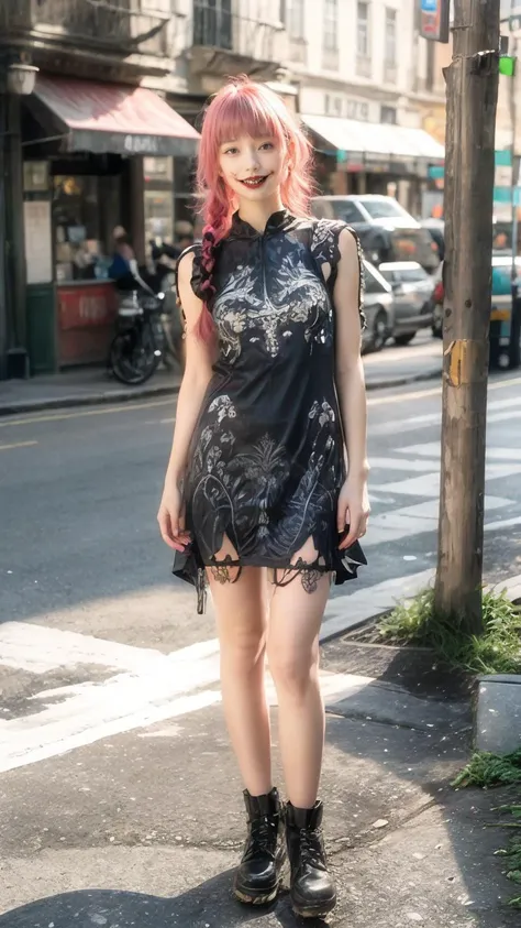 masterpiece,best quality,cinematic lighting,natural shadow,Tilt Shot,
edgGD,1girl,photo of a cute girl,full body,light smile,charming,20yo,wearing edgGD goth dress,french braid hair.Blunt bangs,Neon pink hair,heshan,outdoors,
<lora:edgGothDress:0.8>,
<lora:GoodHands-vanilla:1>,
<lora:add_detail:1>,
<lora:æ³å:0.5>,<lora:heshan_V1:1>,