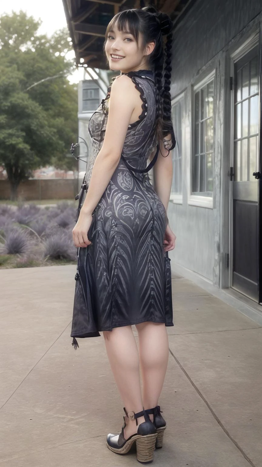 masterpiece,best quality,cinematic lighting,natural shadow,Bird's Eye View,
edgGD,1girl,photo of a cute girl,full body,light smile,charming,20yo,wearing edgGD goth dress,Top Knot Hair.shiny hair,Lavender hair,Silk,outdoors,
<lora:edgGothDress:1>,
<lora:GoodHands-vanilla:1>,
<lora:roundassv1:1>,round ass,from behind,
<lora:add_detail:1>,
<lora:æ³å
:0.5>,