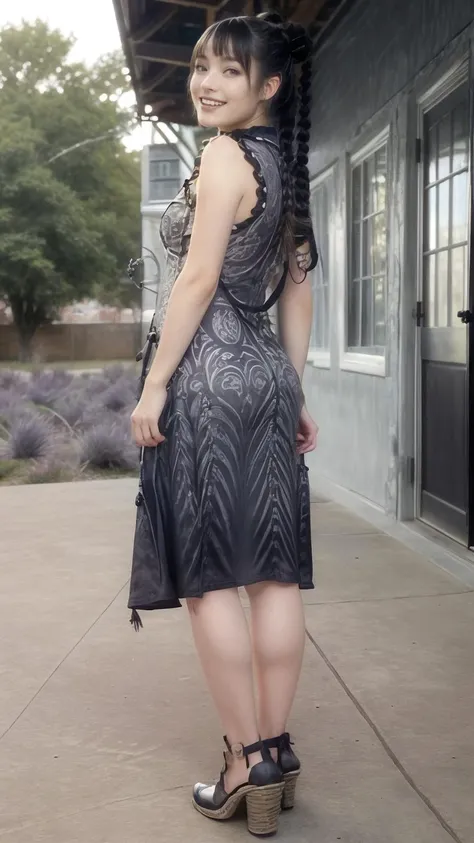 masterpiece,best quality,cinematic lighting,natural shadow,Bird's Eye View,
edgGD,1girl,photo of a cute girl,full body,light smile,charming,20yo,wearing edgGD goth dress,Top Knot Hair.shiny hair,Lavender hair,Silk,outdoors,
<lora:edgGothDress:1>,
<lora:GoodHands-vanilla:1>,
<lora:roundassv1:1>,round ass,from behind,
<lora:add_detail:1>,
<lora:æ³å:0.5>,