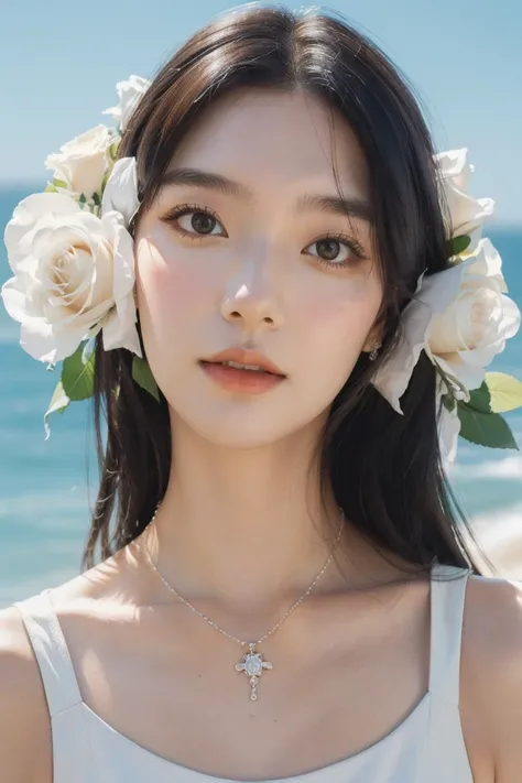 1girl, half-body portrait, white roses, white dress, california background, tiffany necklace, absurdres, nikon, Fujifilm XT3, masterpiece, best quality, realistic, photorealistic, ultra detailed, extremely detailed face, (skin texture), <lora:FilmVelvia2:0.5>