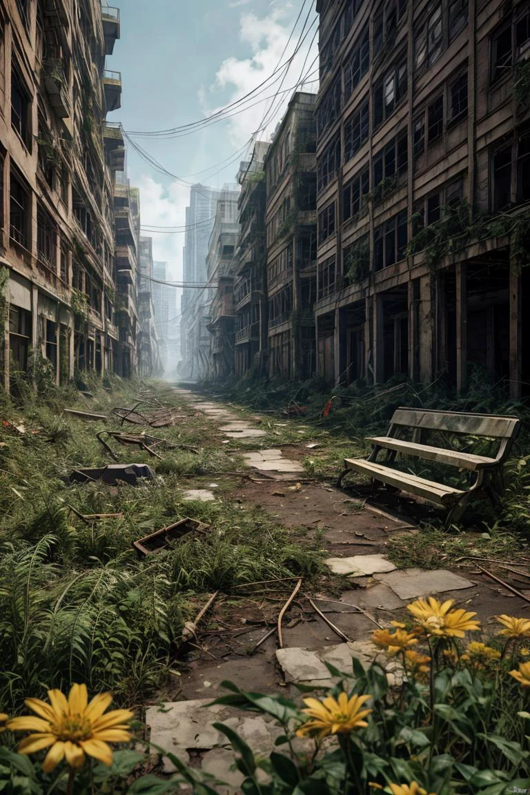 8k, realistic, vray, HDR, 6000K, in a post-apocalyptic overgrown park, weedy flower beds, bright flowers, rusted playground, dried fountain, mossy benches. <lora:PostApocalyptic_v4:0.6> SZ_4po enviroment
<lora:add_detail:1.2>