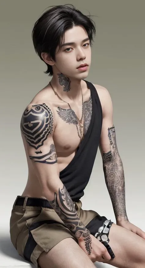 1boy, male focus, solo, realistic, topless male, sitting, black hair, arm support, english text, brown hair, shorts, gradient background, gradient, short hair, collarbone, jewelry, tattoo