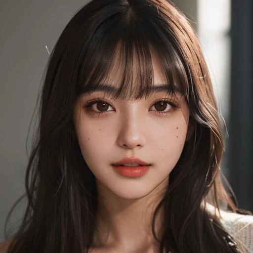 a close up of a woman with long hair, 1girl, mole, portrait, teeth, looking at viewer, brown hair, mole under eye, parted lips, close-up, black hair, bangs, long hair beautiful lighting, deep shadow, best quality, masterpiece, ultra highres, photorealistic, <lora:FilmVelvia2:0.3>
