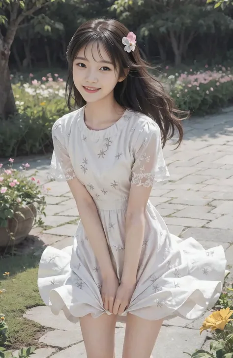 (realistic:1.3), finely detailed, quality, (masterpiece:1.2), (photorealistic:1.2), (best quality), (detailed skin:1.3), (intricate details), ray tracing, 1girl, korean girl, bright smile, dress tug, floating loose sundress, (short sleeves), (windy, wind lift, dress lift:1.2), blushing, small breasts, (sun, clouds, garden, flowers, trees), <lora:skirt_tug_v0.1:1>, korean, <lora:koreaface15:0.8>, bangs, <lora:pureInnocentGirl_v25:0.52>, pi_girl, happy,