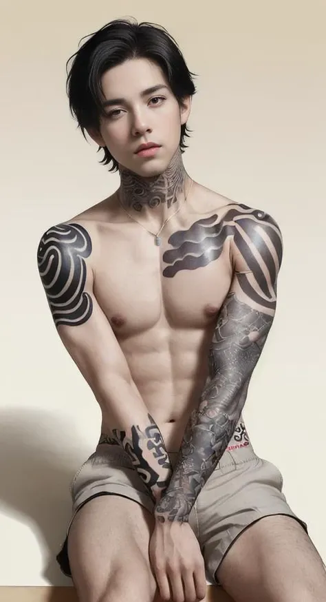 1boy, male focus, solo, realistic, topless male, sitting, black hair, arm support, english text, brown hair, shorts, gradient background, gradient, short hair, collarbone, jewelry, tattoo, simple background, leaning back, reclining, artist name, web address, feet out of frame, parody, fine art parody