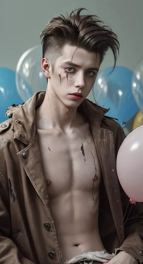 masterpiece, best quality, cine lens, realistic photo, low key, 1 young( man:1.3), quiff hair hair, rim light, male focus, dystopianX style torn oversized jacket, clown makeup eyes, bare (skin:1.3), (balloons:1.2),rust, dirty, debris,