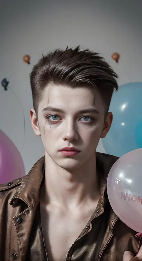 masterpiece, best quality, cine lens, realistic photo, low key, 1 young( man:1.3), quiff hair hair, rim light, male focus, dystopianX style torn oversized jacket, clown makeup eyes, bare (skin:1.3), (balloons:1.2),rust, dirty, debris,