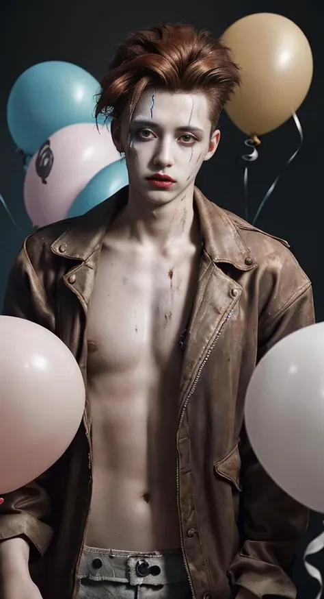 masterpiece, best quality, cine lens, realistic photo, low key, 1 young( man:1.3), quiff hair hair, rim light, male focus, dystopianX style torn oversized jacket, clown makeup eyes, bare (skin:1.3), (balloons:1.2),rust, dirty, debris,