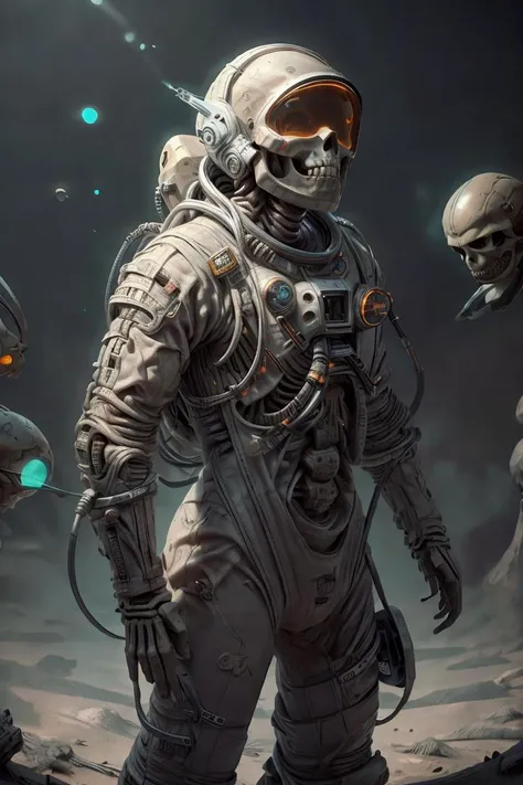 absurdres, intricate details, masterpiece, best quality, high resolution, 8k, (skeleton in astronaut spacesuit:1.2), (skull:1.3), (broken helmet:1.4), (colored light bulbs:1.3), spacesuit, lunar surface, craters, black sky, stars, soft light, front light, rim light
<lora:LunarPunkAI:1> <lora:NecromancyAI:1> <lora:add_detail:1.3> <lyco:GoodHands-beta2:1.0>