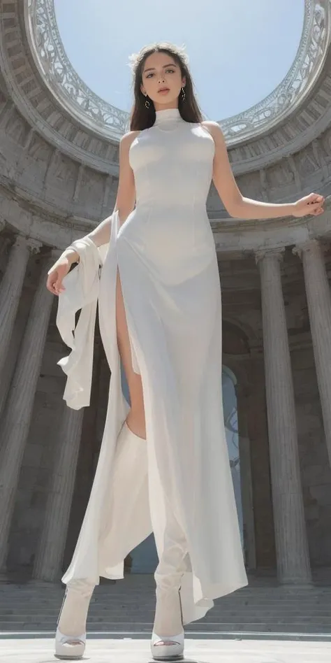 masterpiece, Ultra High Definition. 4k, (from below:1.5), ((3/4 view, full body shot)), photo portrait of attractive (EuPW2023-7000:1.0), fantastic, goddess, angelical, ethereal, sexy, elegant pose), intricate detailed latex full body suit, looking at viewer, cinematic lighting, natural light, volumetric lighting, Canon EOS R5, outdoors, sharp focus, futuristic greek architecture background,