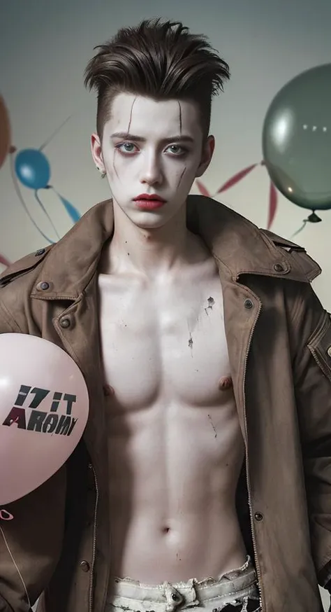 masterpiece, best quality, cine lens, realistic photo, low key, 1 young( man:1.3), quiff hair hair, rim light, male focus, dystopianX style torn oversized jacket, clown makeup eyes, bare (skin:1.3), (balloons:1.2),rust, dirty, debris,