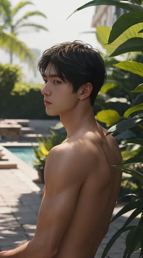 a young Thai-Korean ,boy smiling, comma hair, sharp eyes, short body 140 cm.,Walking down the street  ,Wear white wet  slim underwear, South Korean boy,  in Thai forest waterfall ,Korean skinny fat boy, 