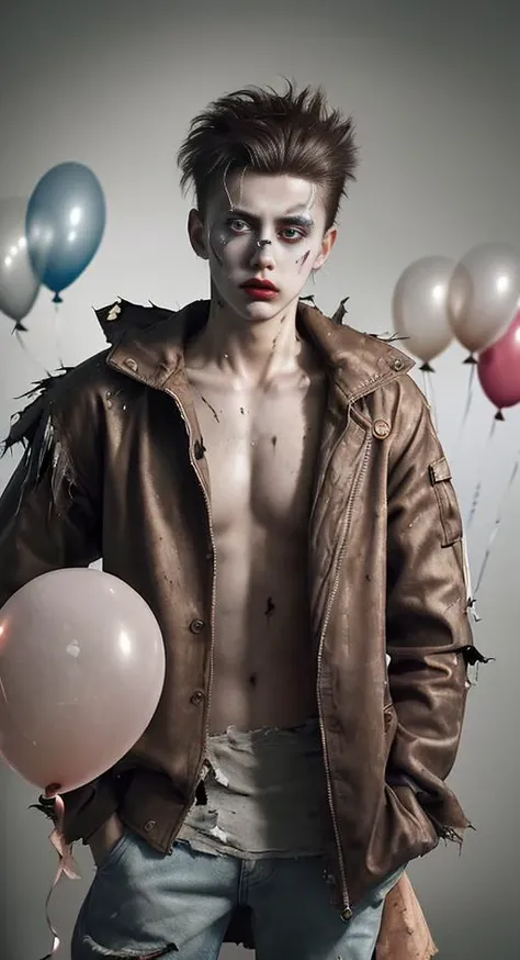 masterpiece, best quality, cine lens, realistic photo, low key, 1 young( man:1.3), quiff hair hair, rim light, male focus, dystopianX style torn oversized jacket, clown makeup eyes, bare (skin:1.3), (balloons:1.2),rust, dirty, debris,