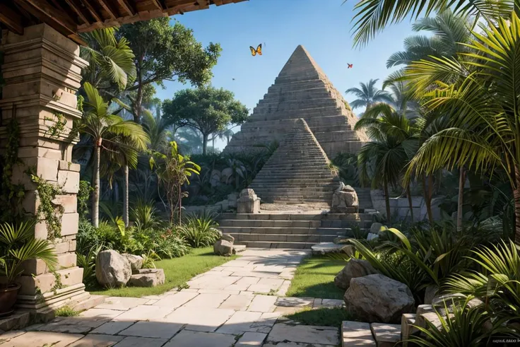 (Absurdres, Absurd Amount of Details, Intricate Details, Masterpiece, Best Quality, High Resolution, 8k), ruins of an ancient pyramid, jungle, toucans, macaws, bananas on palm trees, butterflies, ivy on the pyramid Depth of Field, VFX, soft light, front light, rim light,
<lora:add_detail:1>