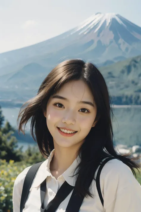 arafed asian woman in a white shirt and black tie standing in front of a mountain