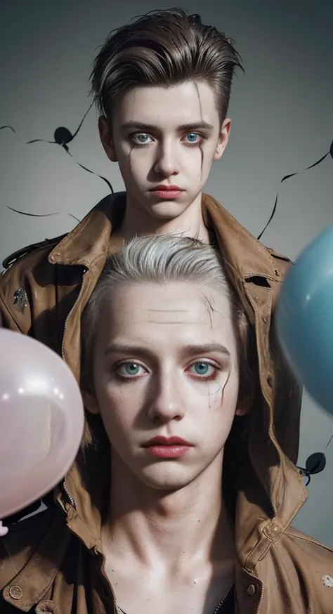 masterpiece, best quality, cine lens, realistic photo, low key, 1 young( man:1.3), quiff hair hair, rim light, male focus, dystopianX style torn oversized jacket, clown makeup eyes, bare (skin:1.3), (balloons:1.2),rust, dirty, debris,