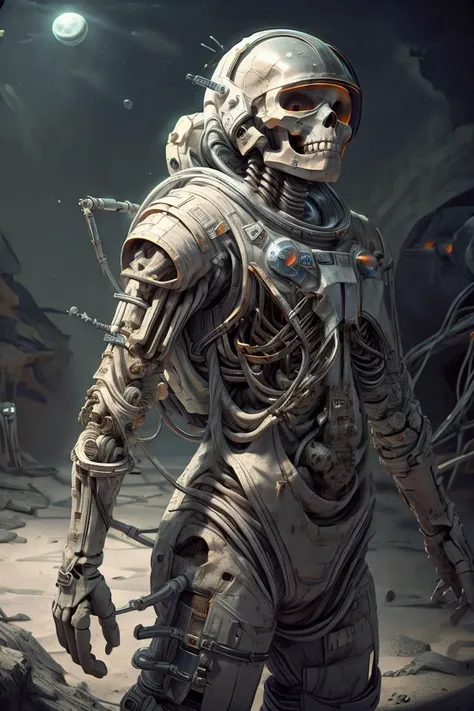 absurdres, intricate details, masterpiece, best quality, high resolution, 8k, (skeleton in astronaut spacesuit:1.2), (skull:1.3), (broken helmet:1.4), (colored light bulbs:1.3), spacesuit, lunar surface, craters, black sky, stars, soft light, front light, rim light
<lora:LunarPunkAI:1> <lora:NecromancyAI:1> <lora:add_detail:1.3> <lyco:GoodHands-beta2:1.0>