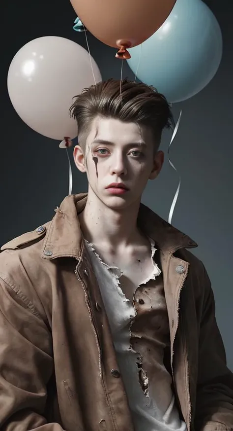 masterpiece, best quality, cine lens, realistic photo, low key, 1 young( man:1.3), quiff hair hair, rim light, male focus, dystopianX style torn oversized jacket, clown makeup eyes, bare (skin:1.3), (balloons:1.2),rust, dirty, debris,