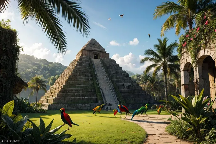 (Absurdres, Absurd Amount of Details, Intricate Details, Masterpiece, Best Quality, High Resolution, 8k), ruins of an ancient pyramid, jungle, toucans, macaws, bananas on palm trees, butterflies, ivy on the pyramid Depth of Field, VFX, soft light, front light, rim light,
 <lora:add_detail:1>