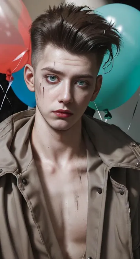 masterpiece, best quality, cine lens, realistic photo, low key, 1 young( man:1.3), quiff hair hair, rim light, male focus, dystopianX style torn oversized jacket, clown makeup eyes, bare (skin:1.3), (balloons:1.2),rust, dirty, debris,