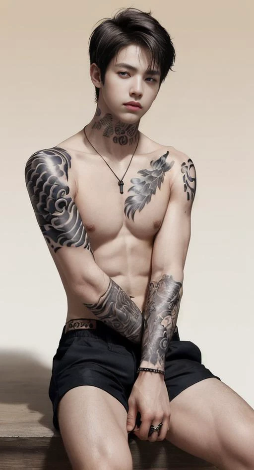 1boy, male focus, solo, realistic, topless male, sitting, black hair, arm support, english text, brown hair, shorts, gradient background, gradient, short hair, collarbone, jewelry, tattoo