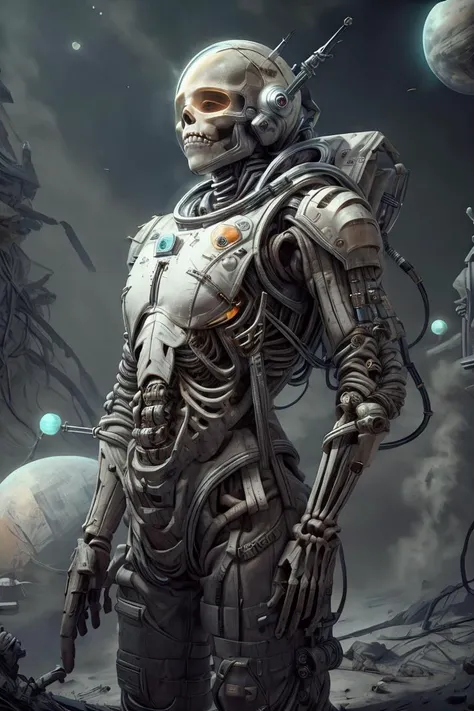 absurdres, intricate details, masterpiece, best quality, high resolution, 8k, (skeleton in astronaut spacesuit:1.2), (skull:1.3), (broken helmet:1.4), (colored light bulbs:1.3), spacesuit, lunar surface, craters, black sky, stars, soft light, front light, rim light
<lora:LunarPunkAI:1> <lora:NecromancyAI:1> <lora:add_detail:1.3> <lyco:GoodHands-beta2:1.0>