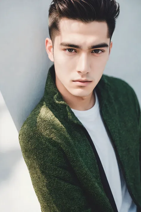 jp_style person, portrait of gorgeous asian teen male model, dark green eyes, big lips, bushy eyebrows, square jaw, brooding exp...