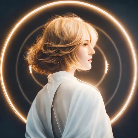 jp_style person, angel, magical fantasy, cropped hair, short blonde hair, halo above head, light circle, dark light night, intricate, elegant, sharp focus, illustration, high detail, digital painting, concept art, matte, WLOP and Artgerm and Greg Rutkowski and Alphonse Mucha, a masterpiece