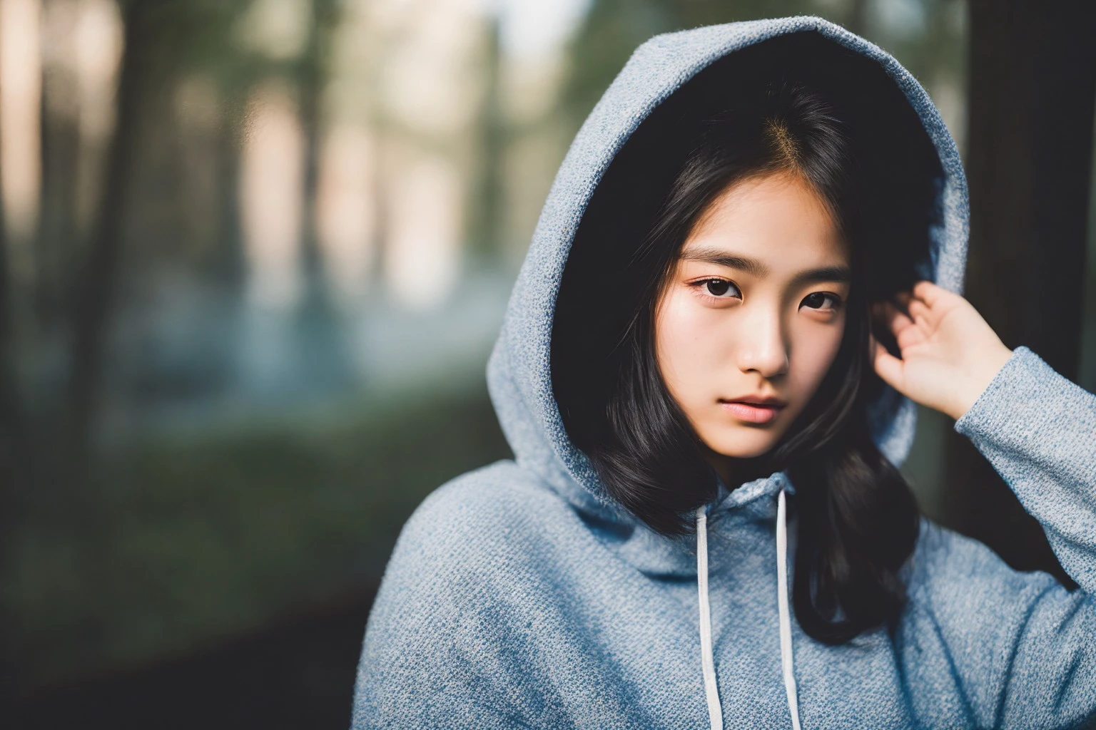 jp_style person, portrait of gorgeous model, hair behind ears, deep dark eyes, textured skin, hacker hoodie, (8k, RAW photo, best quality, masterpiece:1.2), (realistic, photo-realistic:1.37), ultra-detailed, (high detailed skin:1.2), 8k uhd, dslr, soft lighting, high quality, film grain, Fujifilm XT3, professional lighting