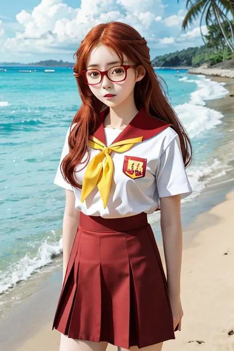 masterpiece, best quality, 1girl, aimie, brown eyes, red hair, long hair, red glasses, sailor collar, serafuku, yellow neckerchief, white shirt, red skirt, school uniform, expressionless, standing, beach <lora:ai_mie-v5:1>