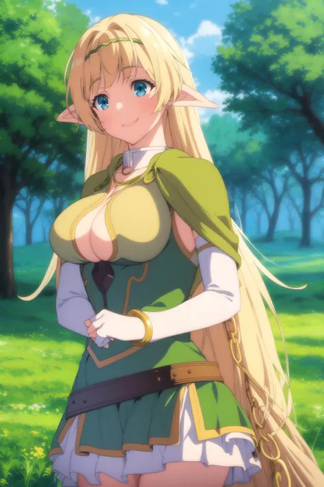 shera <lora:shera_greenwood:0.9> , chain, blonde hair, beautiful face, blue eyes, light smile, green forest, (masterpice:1.2), best quality, absurdres, extremely detailed wallpaper, perfect lightning,