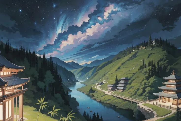 detailed background, high quality, official art, artwork, absurdres, highres, no humans, painting \(medium\), landscape, fantasy, nature, digital painting, panorama, detailed, sky, night sky, star \(sky\), milky way, bamboo forest, fantastical, riverbank,