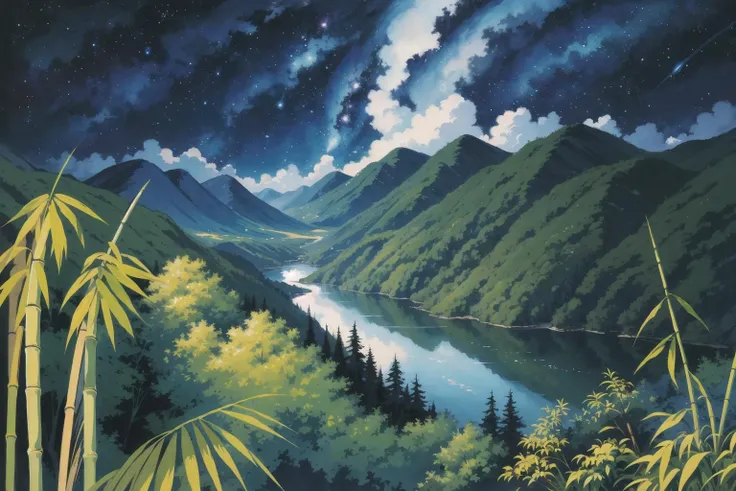 detailed background, high quality, official art, artwork, absurdres, highres, no humans, painting \(medium\), landscape, fantasy, nature, digital painting, panorama, detailed, sky, night sky, star \(sky\), milky way, bamboo forest, fantastical, riverbank,