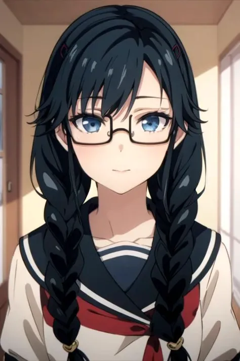 masterpiece, best quality, sketch, 1girl, solo, looking at viewer, , depth of field, anime coloring, realistic, <lora:sumireko_sanshokuin:0.72>, sumireko_sanshokuin, black hair, blue eyes, twin braids, , glasses, , , 4k resolution