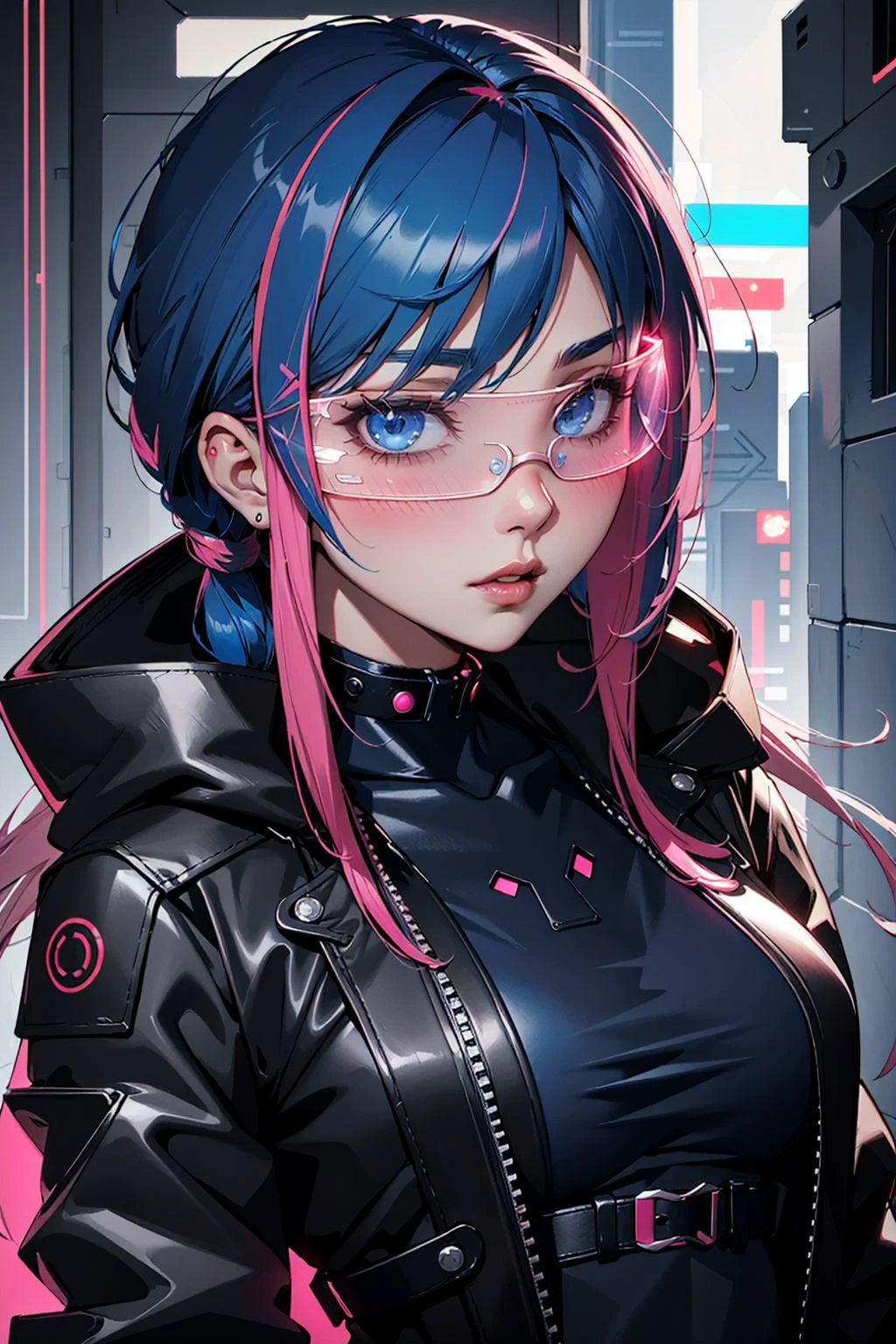 Masterpiece, best quality, 1girl, blue eyes, blue hair, colored inner hair, long hair, multicolored hair, pink hair, two-tone hair, medium breasts, blush, <lora:LED_Glasses_Adhin:0.9>, (cyberpunk glasses:1.3), (futuristic led glasses:1.3)
