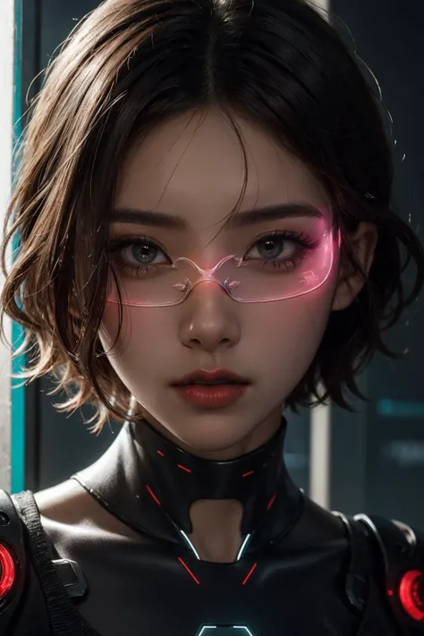 <lora:LED_Glasses:0.8>, cyberpunk glasses, futuristic led glasses, nsfw, best quality, masterpiece, illustration, realistic, photo-realistic, amazing, finely detail, incredibly absurdres, huge filesize, ultra-detailed, highres, extremely detailed CG unity 8k wallpaper, nsfw, A petite young Korean woman is shot in an extreme close-up portrait, emphasizing her face. She has multi-colored stylish short hair. Her slender body is clad in a tight transparent plastic cyberpunk outfit glowing with bright LED lights and shining circuits. Her eyes are large and almond-shaped, with dark eyeshadow and bright eyeliner. Her lips are full and pouty, with a glossy red lipstick. Her nose is small and pert. Her skin is smooth and flawless.