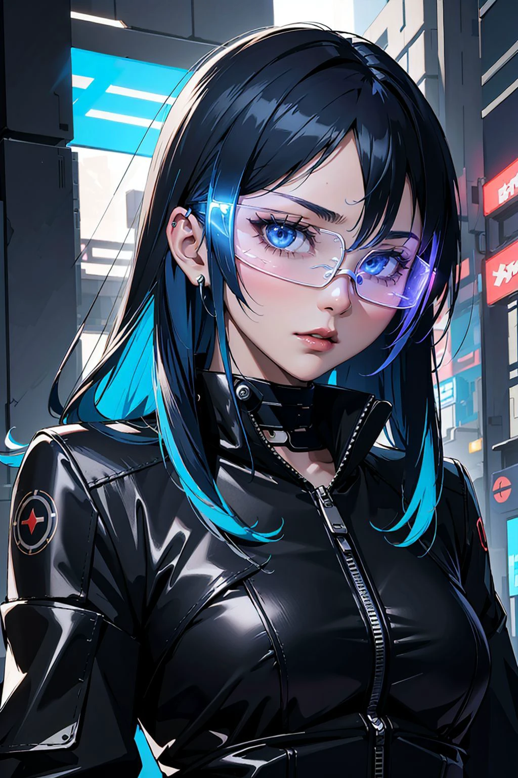 Masterpiece, best quality, 1girl, blue eyes, blue hair, long hair, two-tone hair, medium breasts, <lora:LED_Glasses_Adhin:0.9>, (cyberpunk glasses:1.3), (futuristic led glasses:1.3)