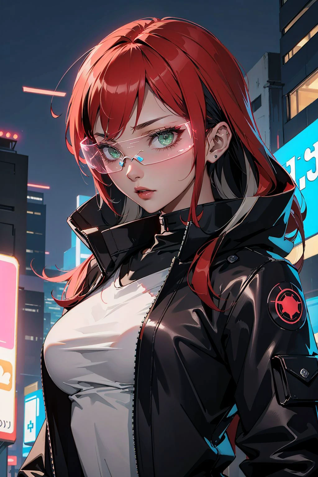 Masterpiece, best quality, 1girl, green eyes, red hair, long hair, (two-tone hair:1.2), medium breasts, <lora:LED_Glasses_Adhin:0.9>, (cyberpunk glasses:1.3), (futuristic led glasses:1.3)