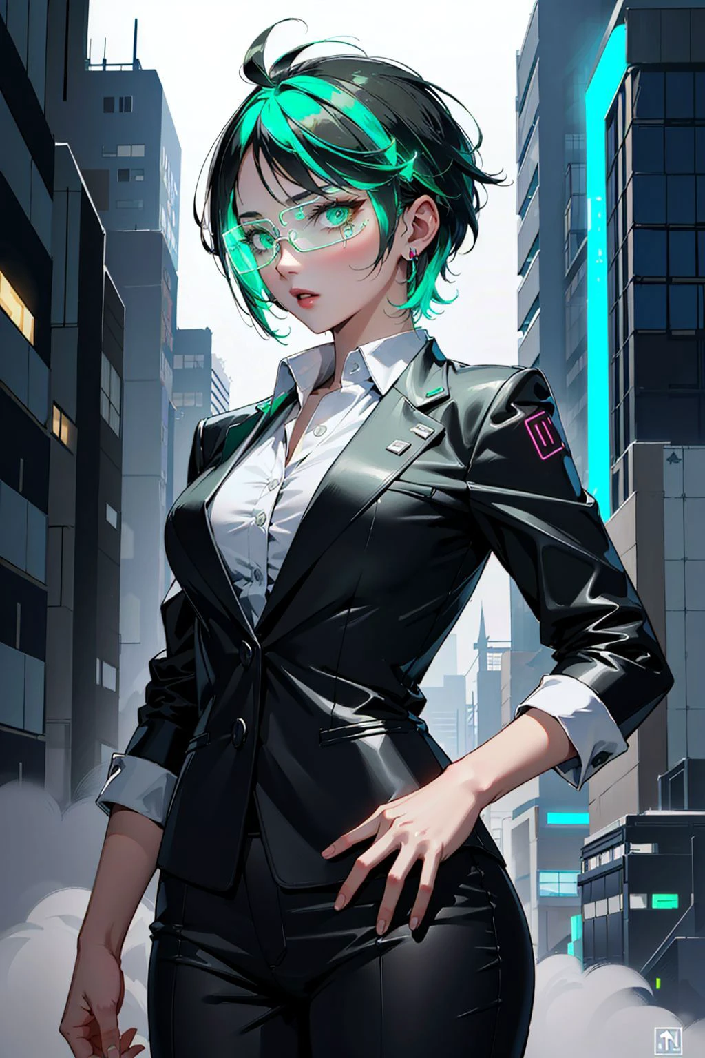 Masterpiece, best quality, 1girl, green eyes, green hair, short hair, (two-tone hair:1.2), medium breasts, (business suit:1.2), <lora:LED_Glasses_Adhin:0.9>, (green cyberpunk glasses:1.3), (futuristic led glasses:1.3)