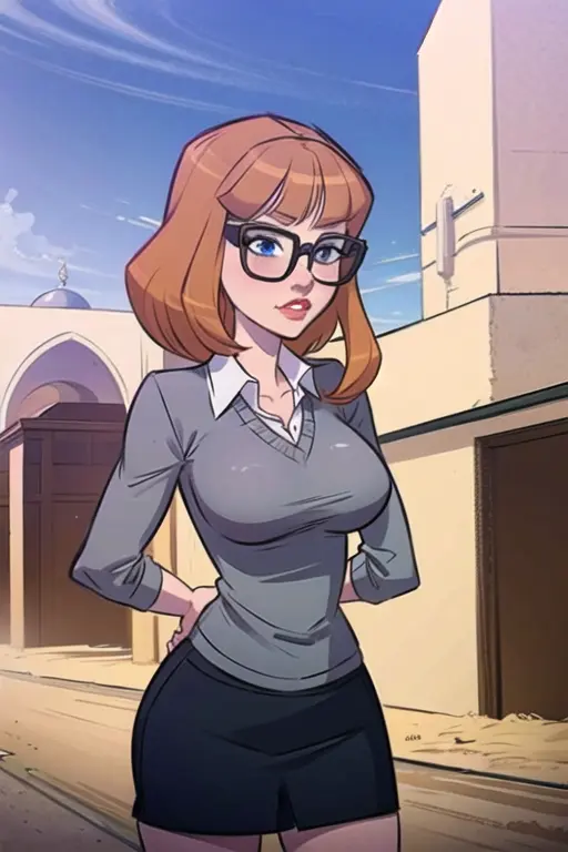 best quality, masterpiece, btfrm, cowboy shot,eleanor, (solo), lilac collared shirt,grey sweater, black plain miniskirt,glasses, brown hair, blue eyes, medium breasts, ((arms behind back)), mosque <lora:bootyfarm_a3_v1_6:1>
