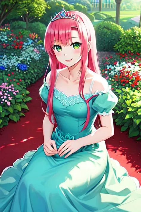 masterpiece, best quality,  <lora:HinagikuV1:0.4>, hinagiku katsura, princess, princess dress, blue dress, tiara, garden, colorful garden, smile, green eyes, royal dress