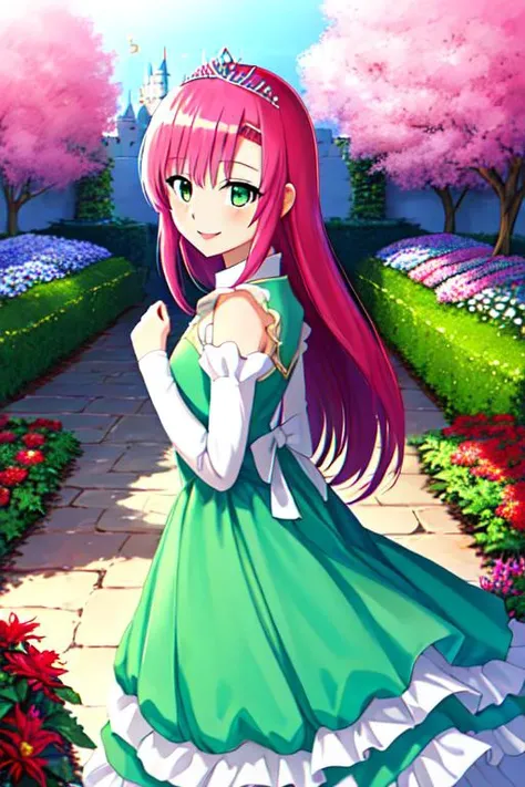 masterpiece, best quality, <lora:HinagikuV1:0.6>, hinagiku katsura, princess, princess dress, blue dress, tiara, garden, colorful garden, smile, green eyes, royal dress, castle